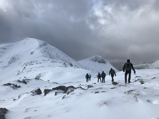 Rij van wandelaars op besneeuwde berg