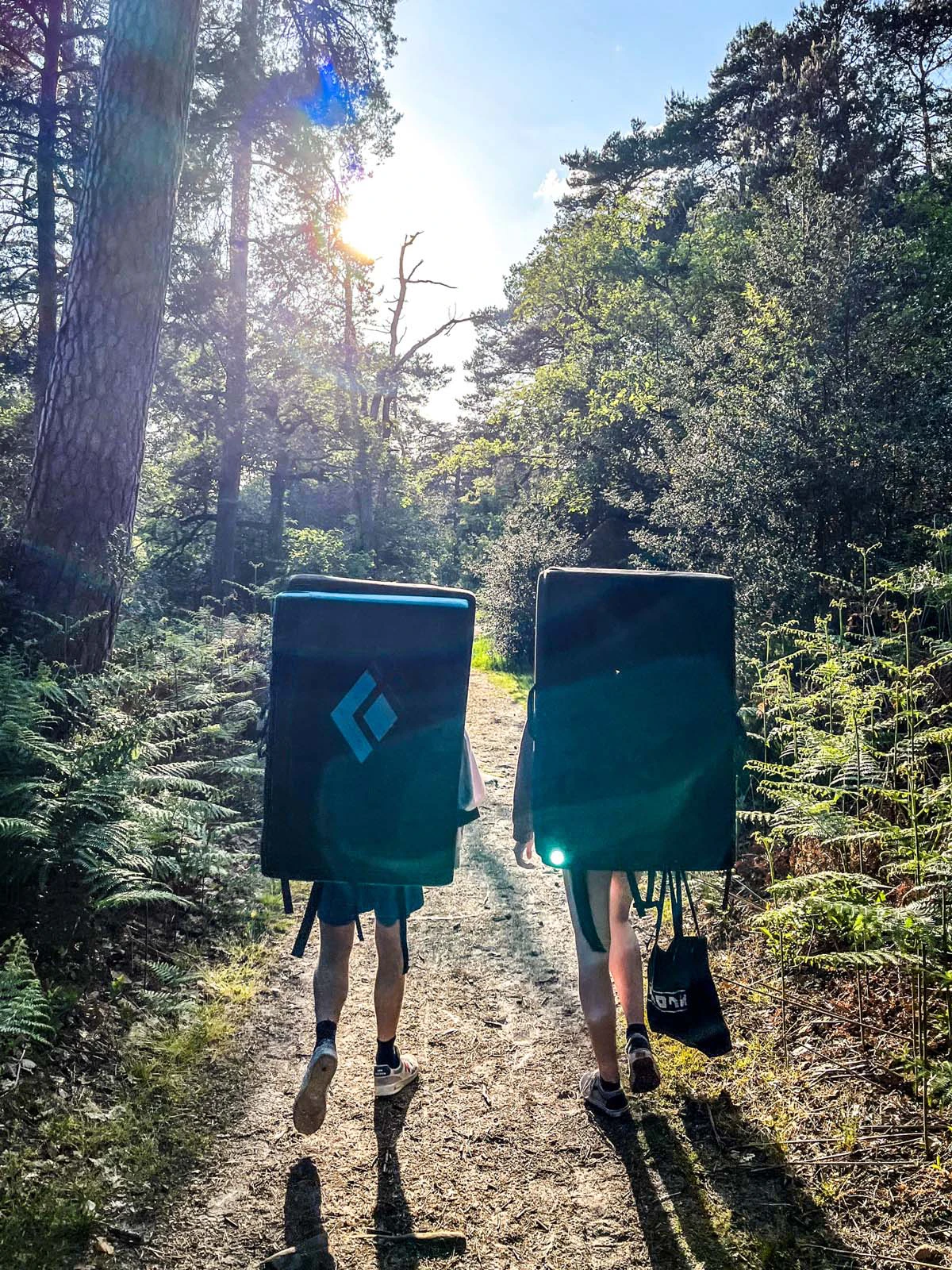 Twee klimmers die met crashpads door het bos lopen