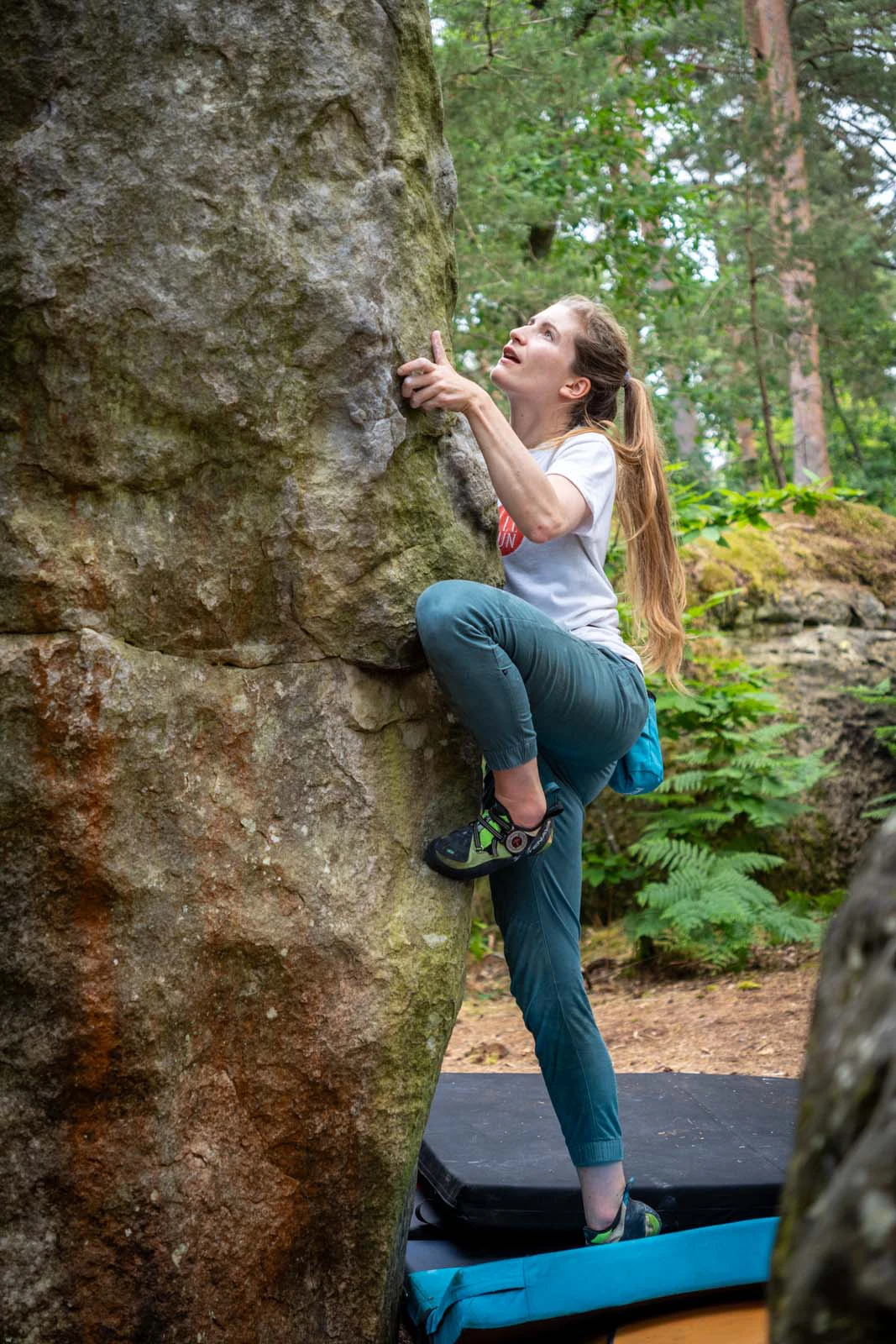Klimster die omhoog klimt tegen een ruwe rots