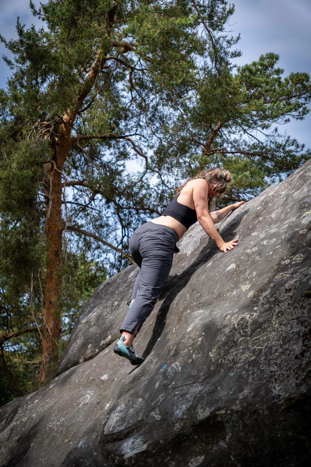 Klimmer op een grote rots in het bos
