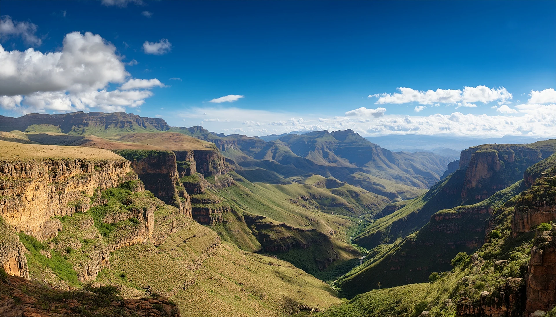 Vallei met brede kloven onder blauwe lucht