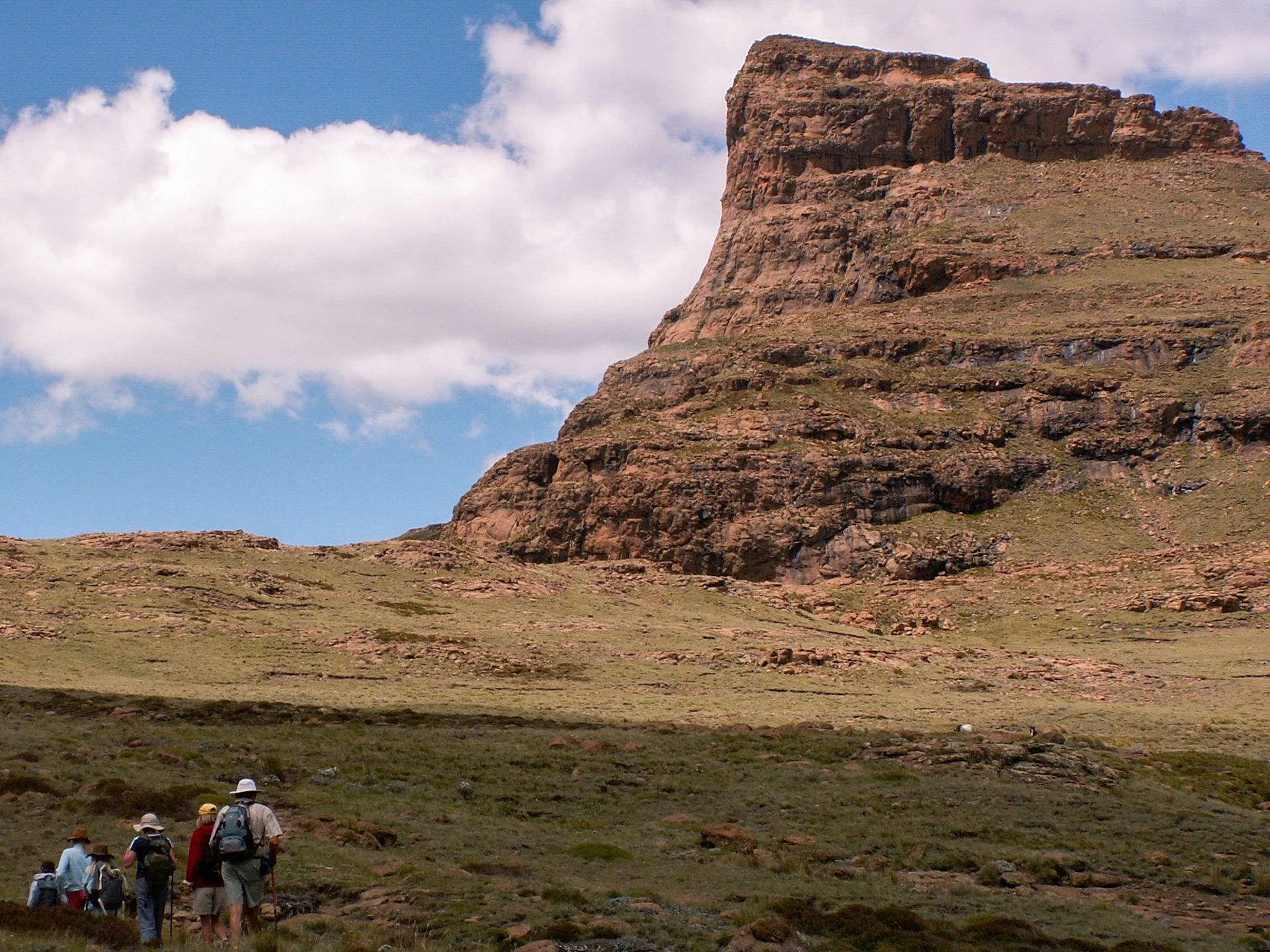 Groep wandelaars met backpacks in valleilandschap