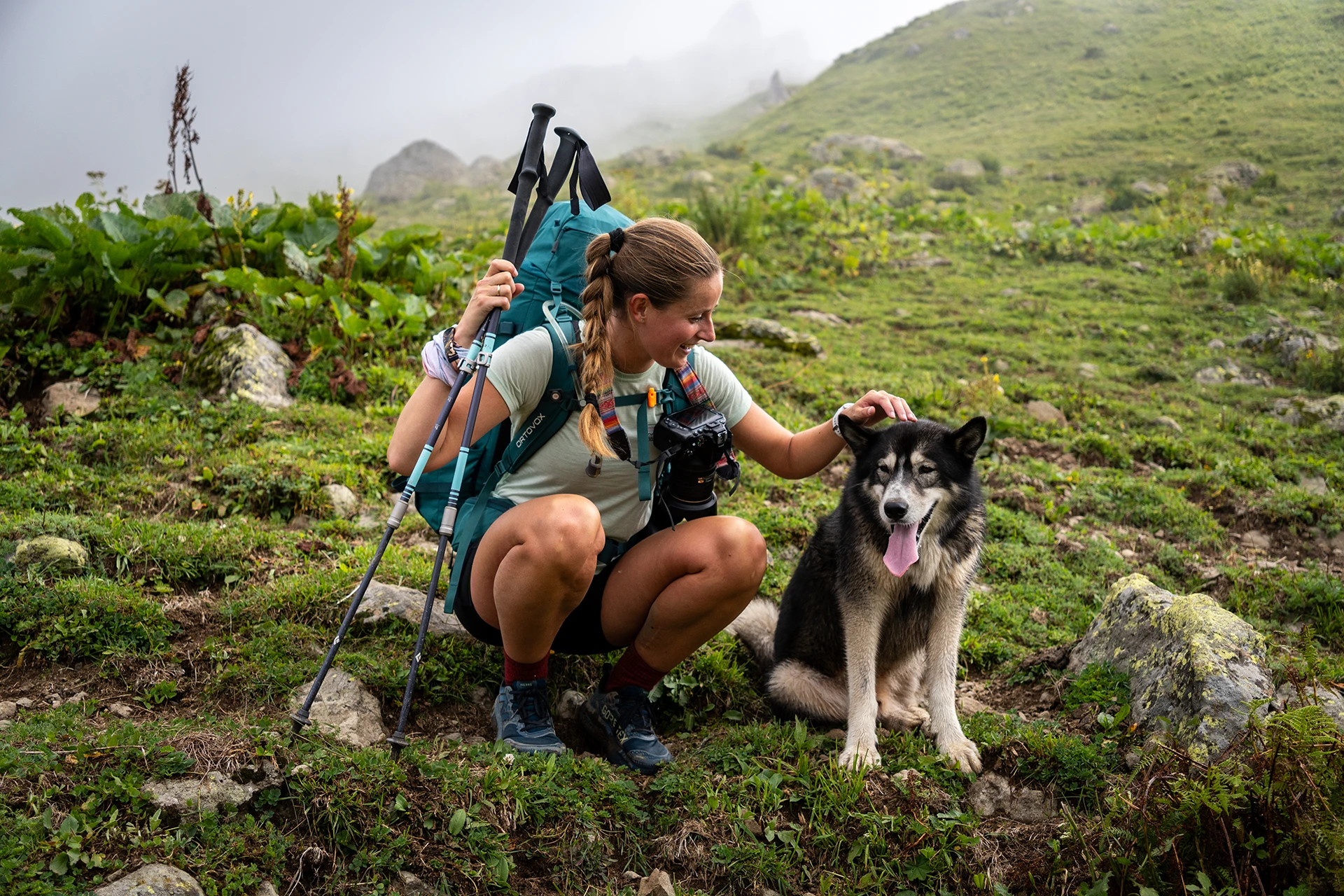 Hiker zit met hond in groene bergvallei
