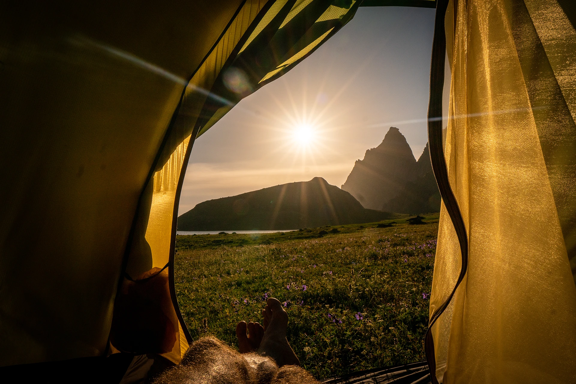Uitzicht vanuit tent op bergen bij zonsopkomst