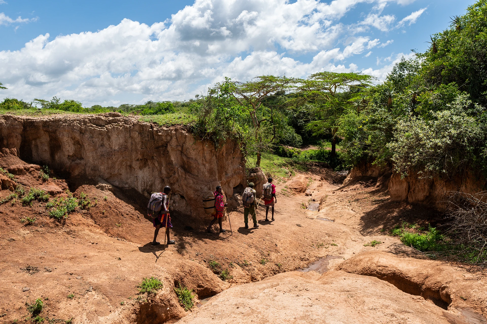 Wandelaars lopen door droge kloof met struiken