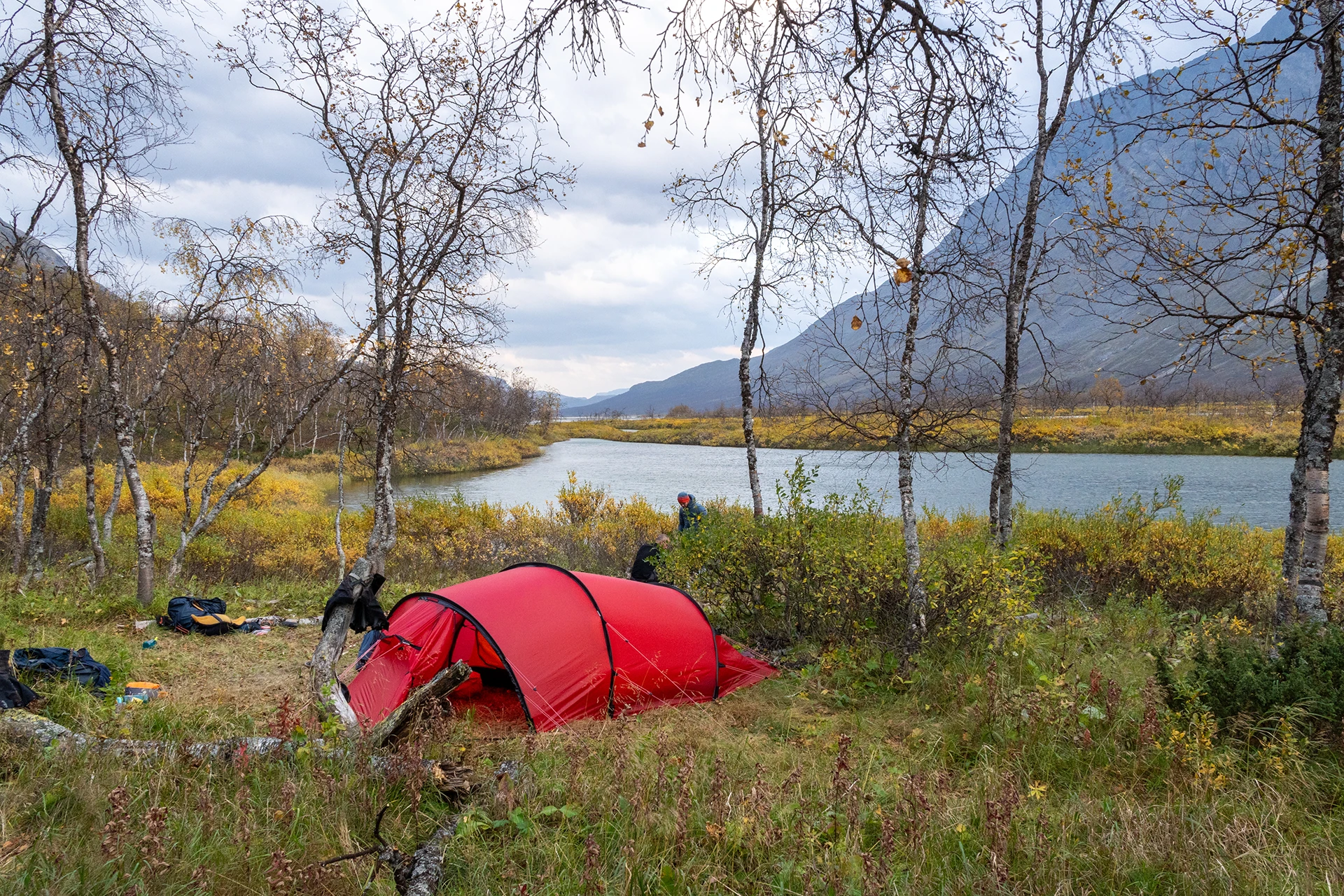 Rode tent tussen bomen en gras in een open natuurgebied