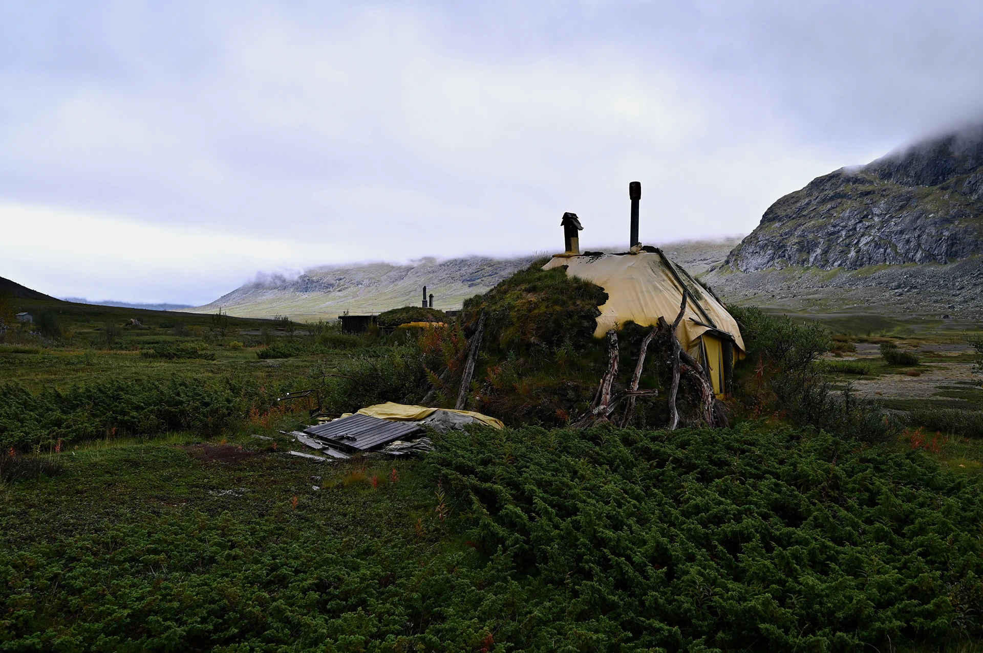 Kleine hut in een bergachtig gebied met mos en struiken