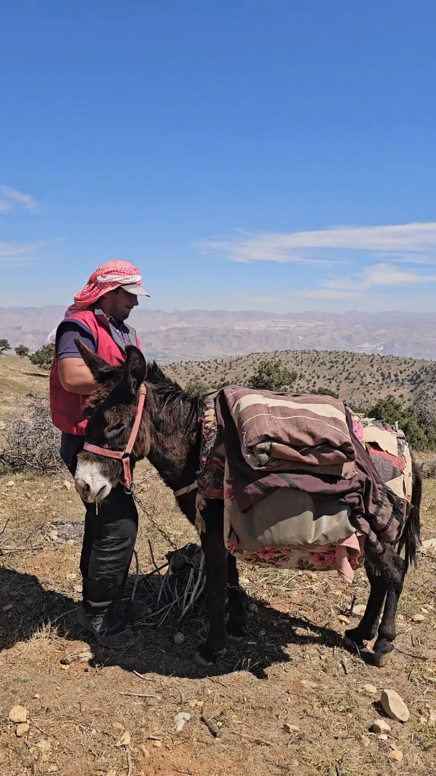 Herder met een ezel en uitgestrekte heuvels achter hem