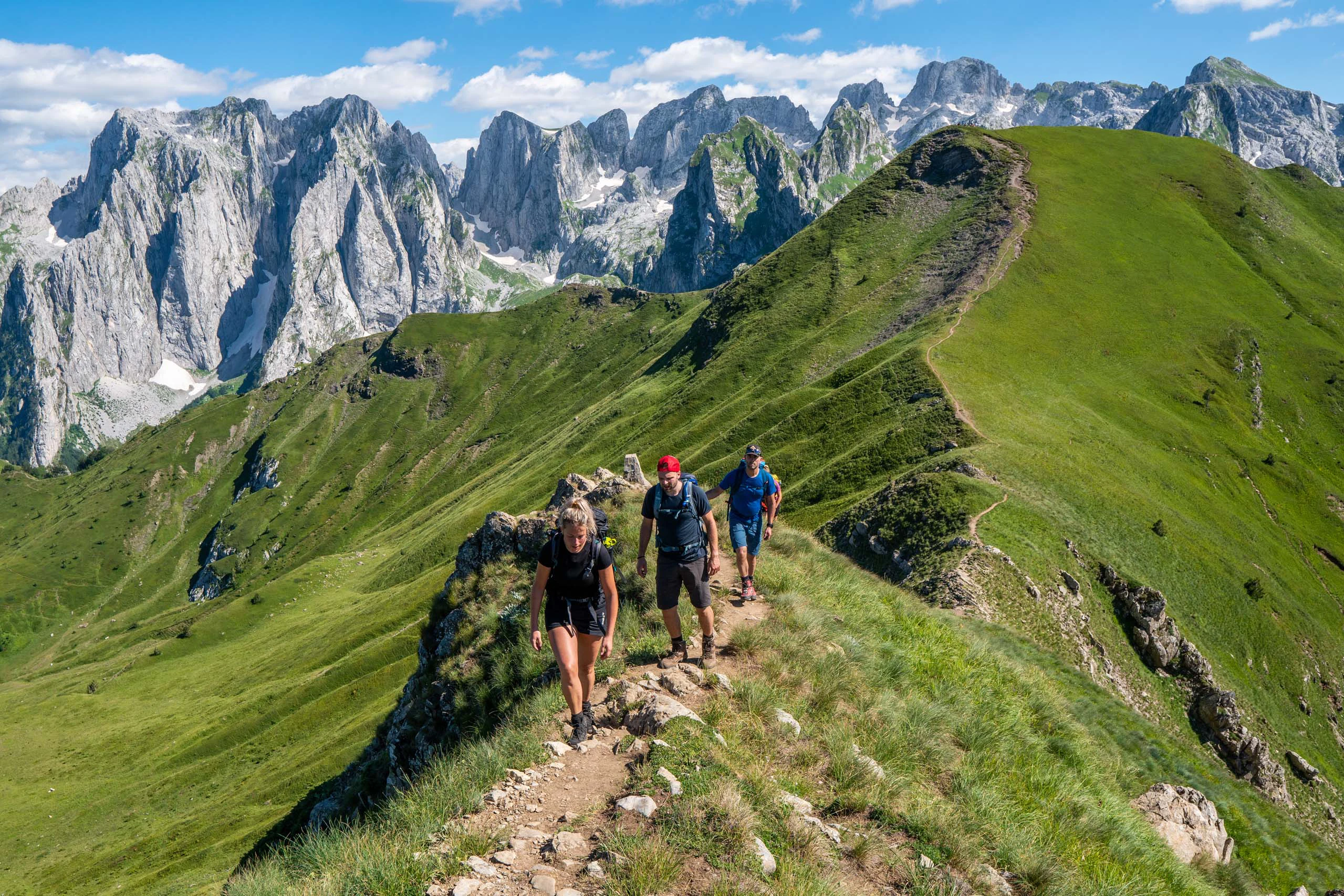 Groep wandelaars die een smal groen bergpad volgt