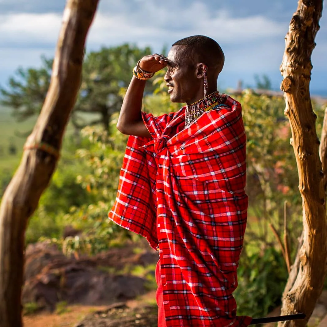 Persoon tussen twee bomen die in de verte kijkt in de bush in Kenia