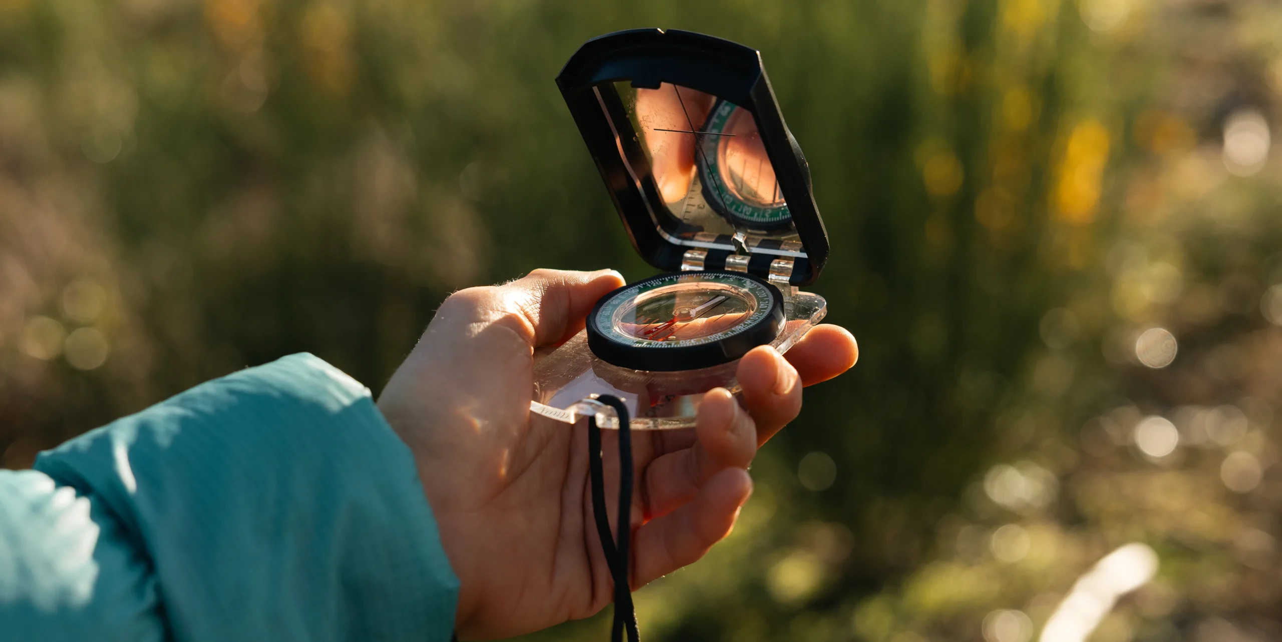 Hand met kompas gericht op de horizon